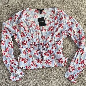 NWT Forever 21 Light Blue and Red Floral Blouse with Tie-Front Closure